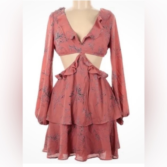 OPEN EDIT Sexy Pink Ruffle Floral Print Cutout Mini Dress Size XL $89 - Picture 3 of 3
